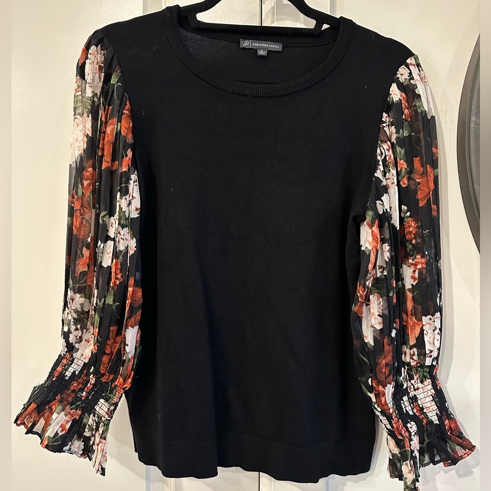 Adrianna Papell Black Floral Sleeve Women's Top